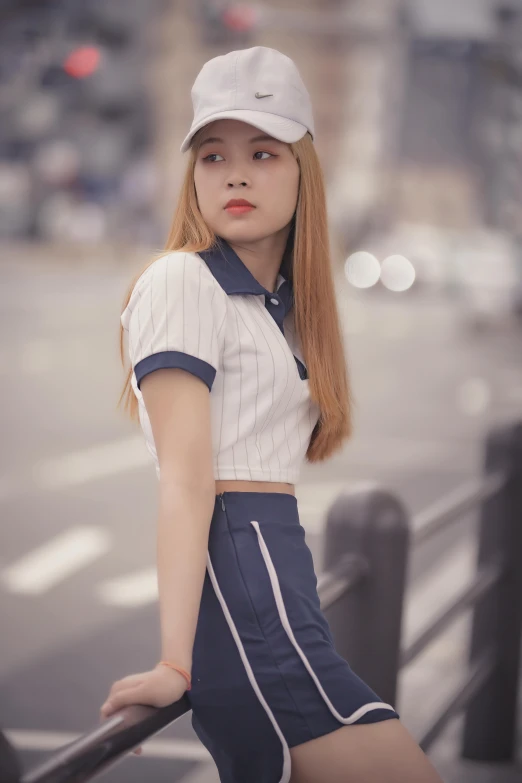 a beautiful young lady standing next to a railing, inspired by Kim Jeong-hui, unsplash, realism, wearing polo shirt, 🤤 girl portrait, female baseball player, ulzzang