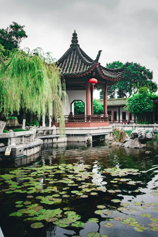 a pond with lily pads and a pagoda in the background, inspired by An Zhengwen, trending on unsplash, archways made of lush greenery, shanghai city, gazebos, willows