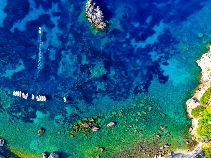 a group of boats floating on top of a body of water, a screenshot, by Giuseppe Avanzi, pexels contest winner, rainbow corals, crystal clear blue water, helicopter view, cyprus