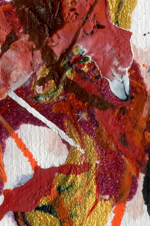 a close up of a painting on a piece of paper, a detailed painting, inspired by Julian Schnabel, trending on pexels, lyrical abstraction, red ocher, psychedelic and glittering, paper collage, promo image