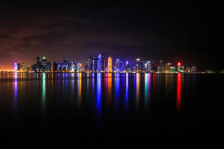 a large body of water with a city in the background, pexels contest winner, hurufiyya, colorful lights, middle east, youtube thumbnail, group photo