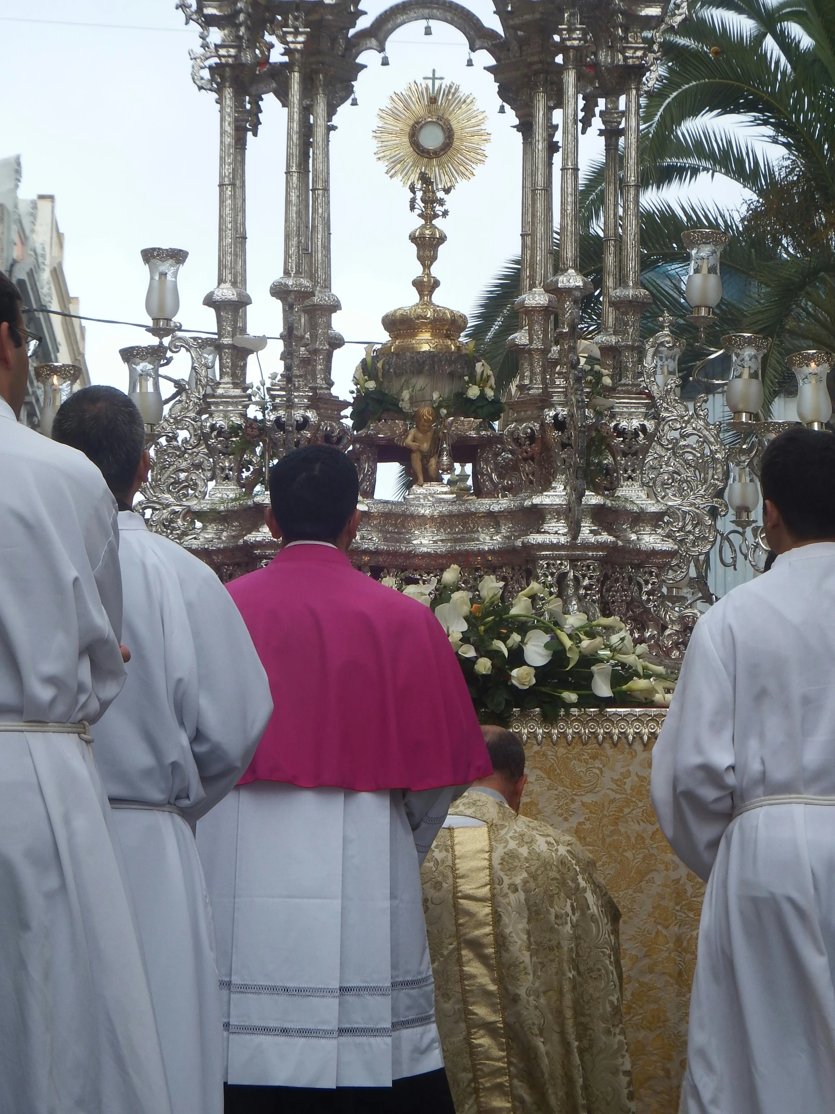 a group of people that are standing in front of a statue, religious robes, parade, standing in front of the altar, facing away from the camera