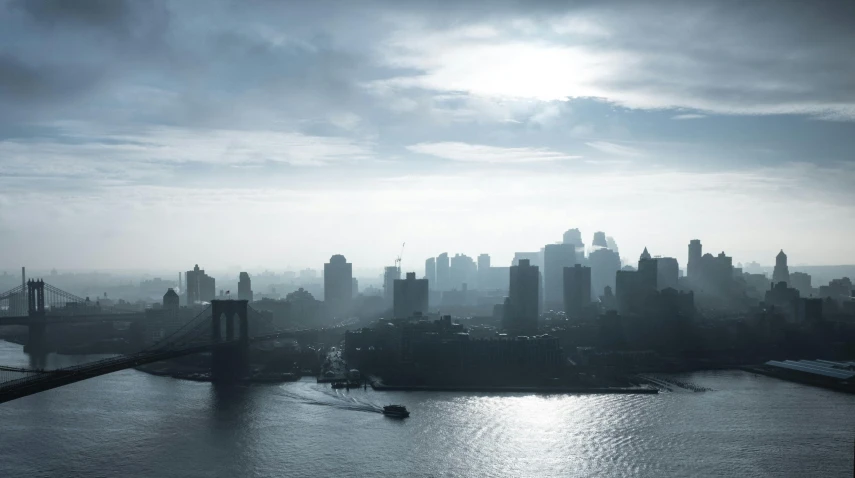 a large body of water with a city in the background, inspired by Elsa Bleda, pexels contest winner, tonalism, brooklyn, grey mist, ignant, shades of blue and grey