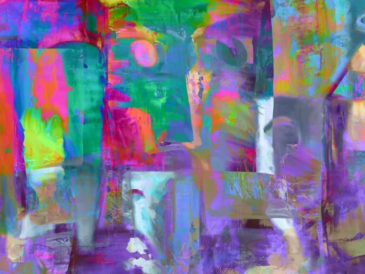 a group of vases sitting on top of a table, a digital painting, inspired by Gerhard Richter, lyrical abstraction, multiple faces, purple and green colors, ( collage ), 1 0 2 4 farben abstract