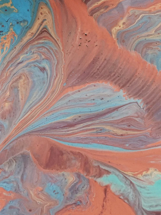 a close up of a painting on a surface, inspired by Yanjun Cheng, trending on unsplash, abstract art, sand swirling, orange and blue color scheme, shades of pink and blue, abstraction chemicals