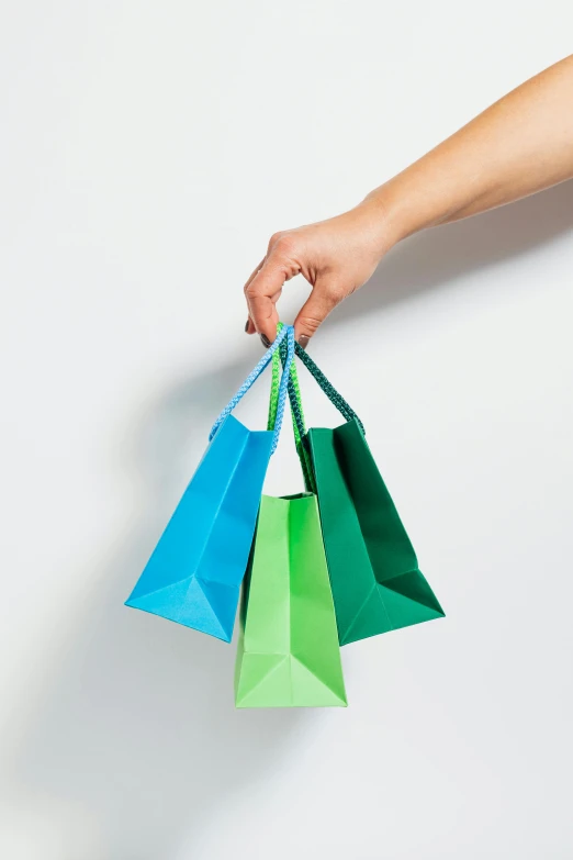 a close up of a person holding shopping bags, by Matthias Stom, green and blue, paper, ecommerce photograph, small