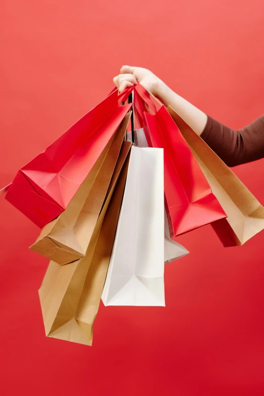 a woman holding shopping bags on a red background, pexels, square, jen atkin, brown paper, 8l