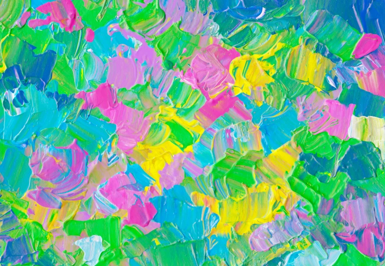 a painting of colorful flowers on a blue background, inspired by Tomokazu Matsuyama, trending on pixabay, abstract art, yellow purple green, colorful impasto brush strokes, green and pink fabric, iridescent texture