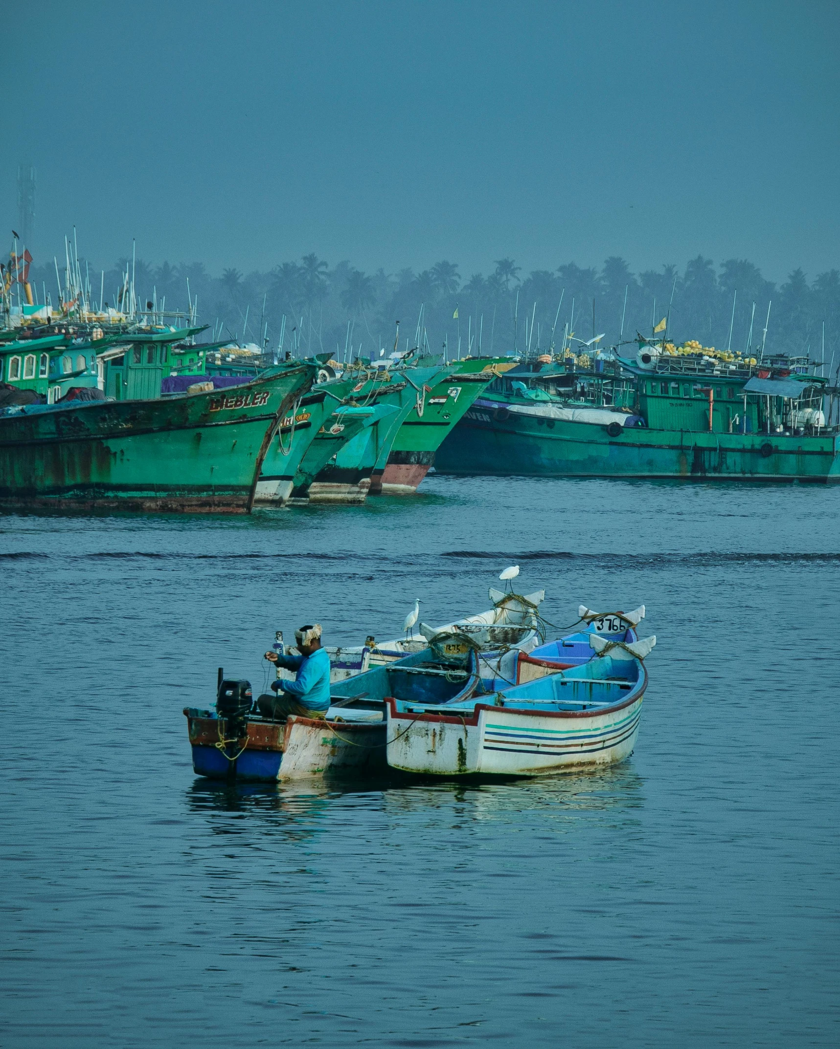 a couple of boats that are in the water, inspired by Steve McCurry, pexels contest winner, hurufiyya, fisherman, thumbnail, oceanside, full of greenish liquid