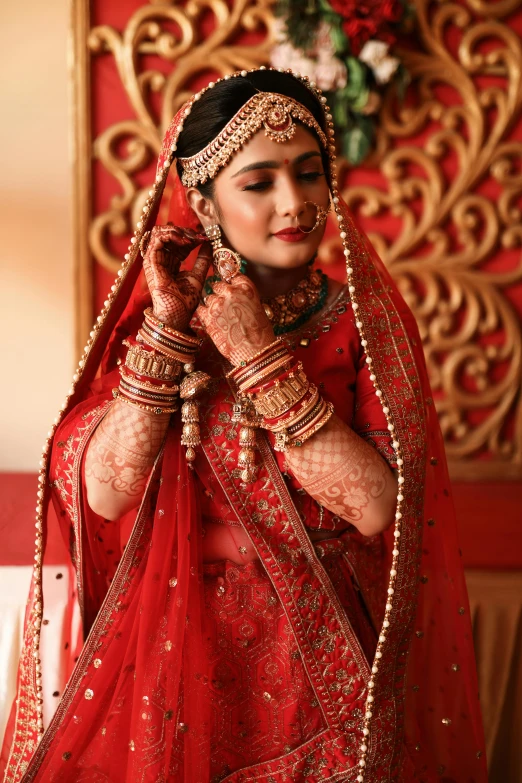 a beautiful indian bride posing for the camera, pexels, renaissance, thumbnail, red colored, square, 8 k )