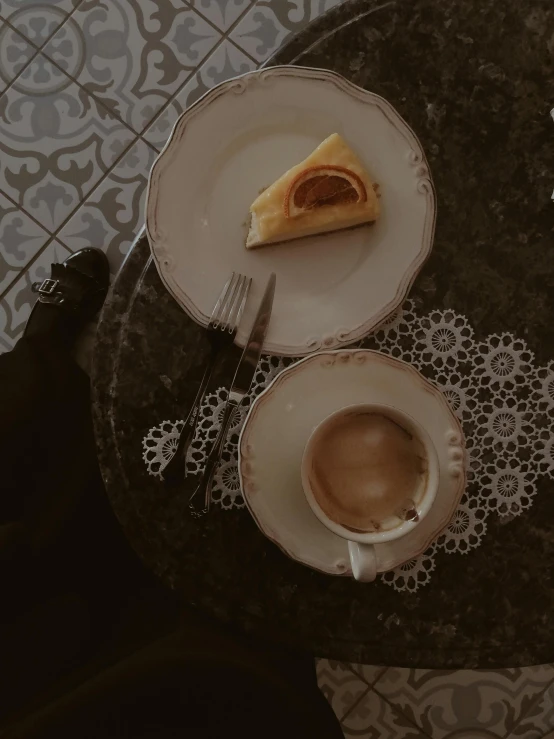 a white plate topped with a piece of cake next to a cup of coffee, by Elsa Bleda, instagram story, monia merlo, 2 5 6 x 2 5 6 pixels, 8 k )