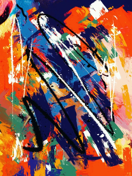 a painting of a man holding a tennis racquet, an abstract painting, inspired by Hans Hartung, unsplash, vibrant digital art, orange extremely coherent, digital art - n 9, dripping colors