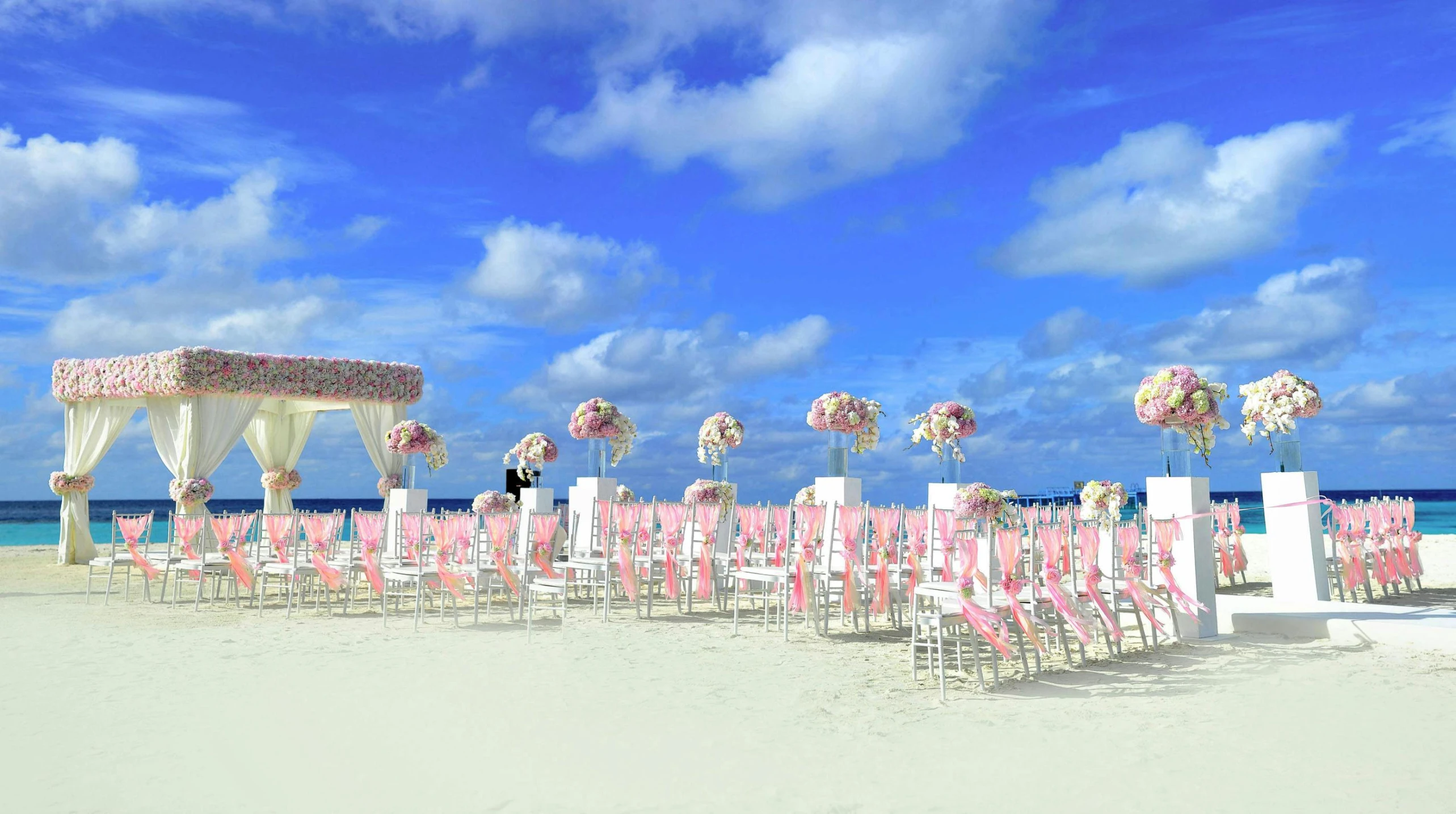a wedding ceremony set up on the beach, a digital rendering, pexels contest winner, heaven pink, chairs, profile pic, commercially ready