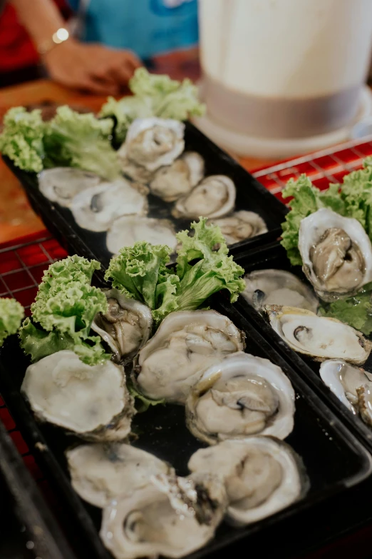 a table topped with trays of oyster and lettuce, a portrait, pexels, bottom body close up, 1 6 x 1 6, 2 0 2 2 photo, steamboat willy