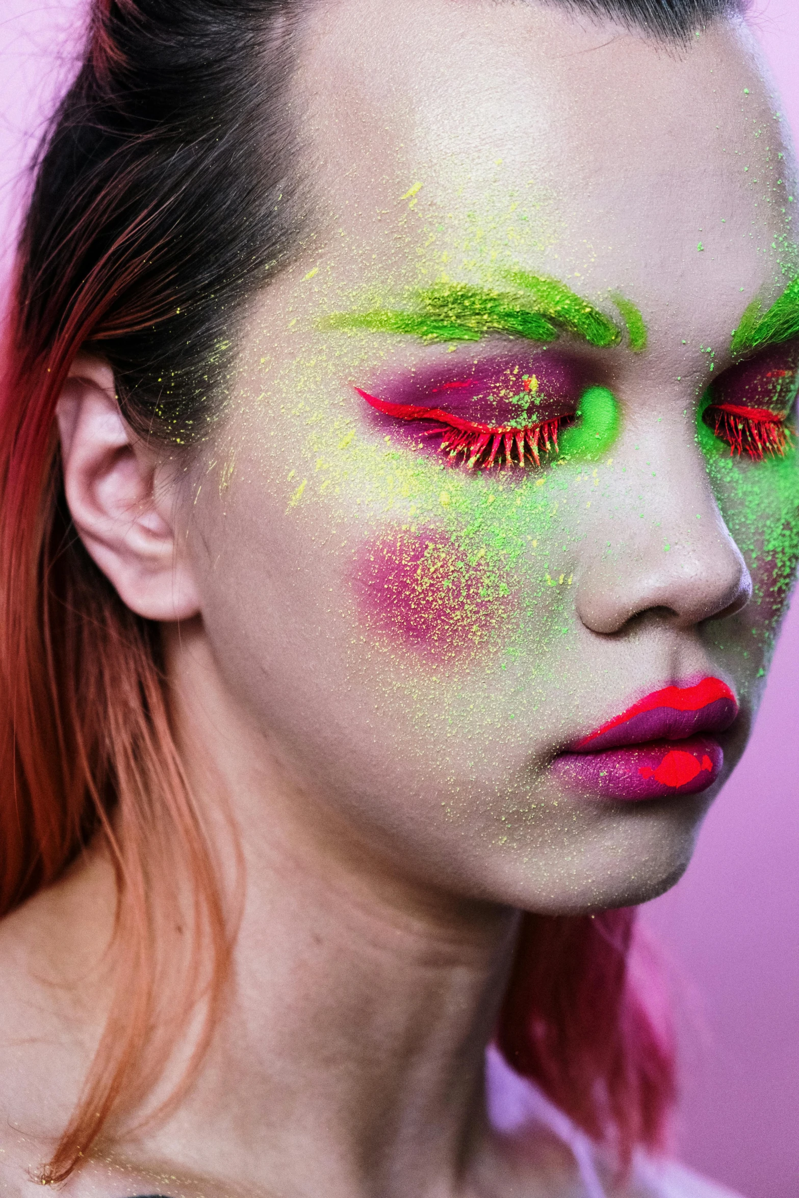 a woman with bright makeup and red hair, trending on pexels, conceptual art, pink and green colour palette, synthetic bio skin, dayglo, ilustration