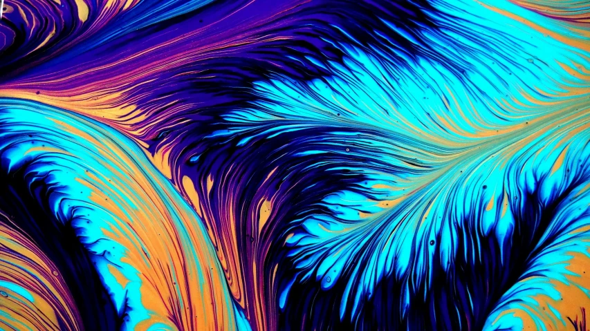 an abstract painting with blue and orange colors, by Carey Morris, trending on pexels, generative art, psychedelic black light, fractal feathers, pour cell painting, 4 k close up