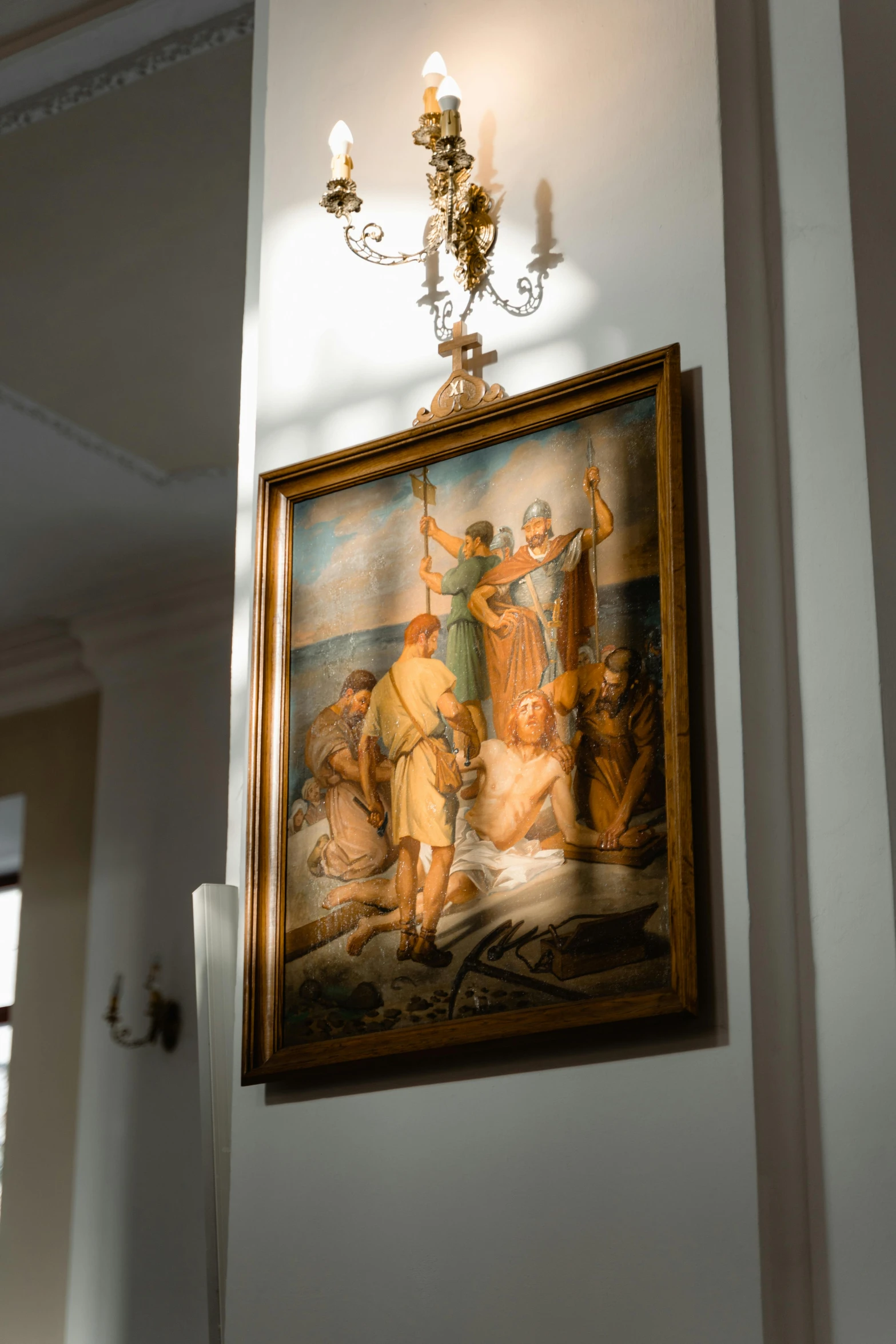 a painting hanging on the wall in a room, church chandelier, religious sculpture, on the sea, sorolla