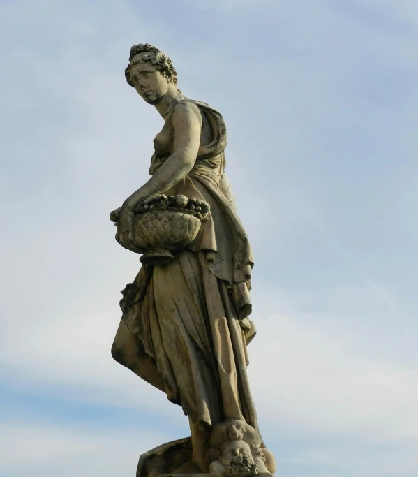 a statue of a woman holding a basket of flowers, by Carlo Galli Bibiena, neoclassicism, nice slight overcast weather, an intricate, tall, former