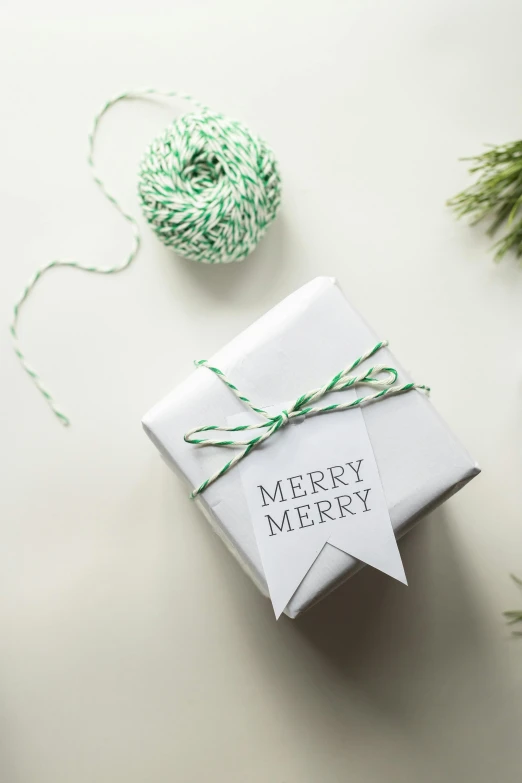 a christmas present sitting on top of a table next to a spool of green twine of twine, merriam daniel, sleek white, thumbnail, merry