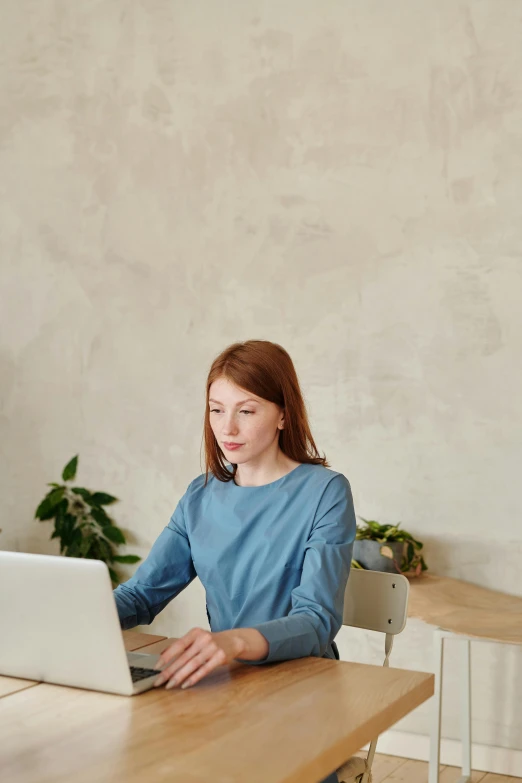 a woman sitting at a table using a laptop computer, pexels contest winner, renaissance, wearing a light blue shirt, hr ginger, muted colors with minimalism, a young woman