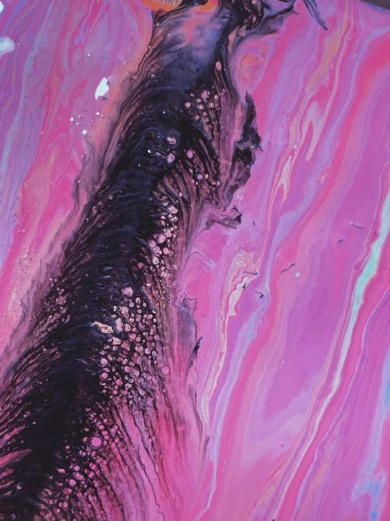 a close up of a painting of an elephant, an acrylic painting, inspired by Shōzō Shimamoto, trending on unsplash, metaphysical painting, made of liquid purple metal, pink waterfalls, black fluid simulation, ethereal eel