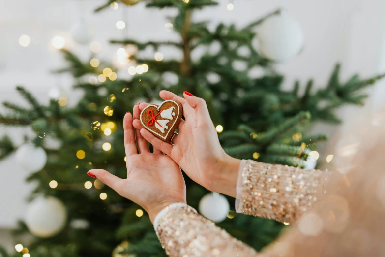 a woman holding a heart shaped cookie in front of a christmas tree, a photo, by Julia Pishtar, pexels, folk art, wood and gold details, three - quarter view, sleek hands, back