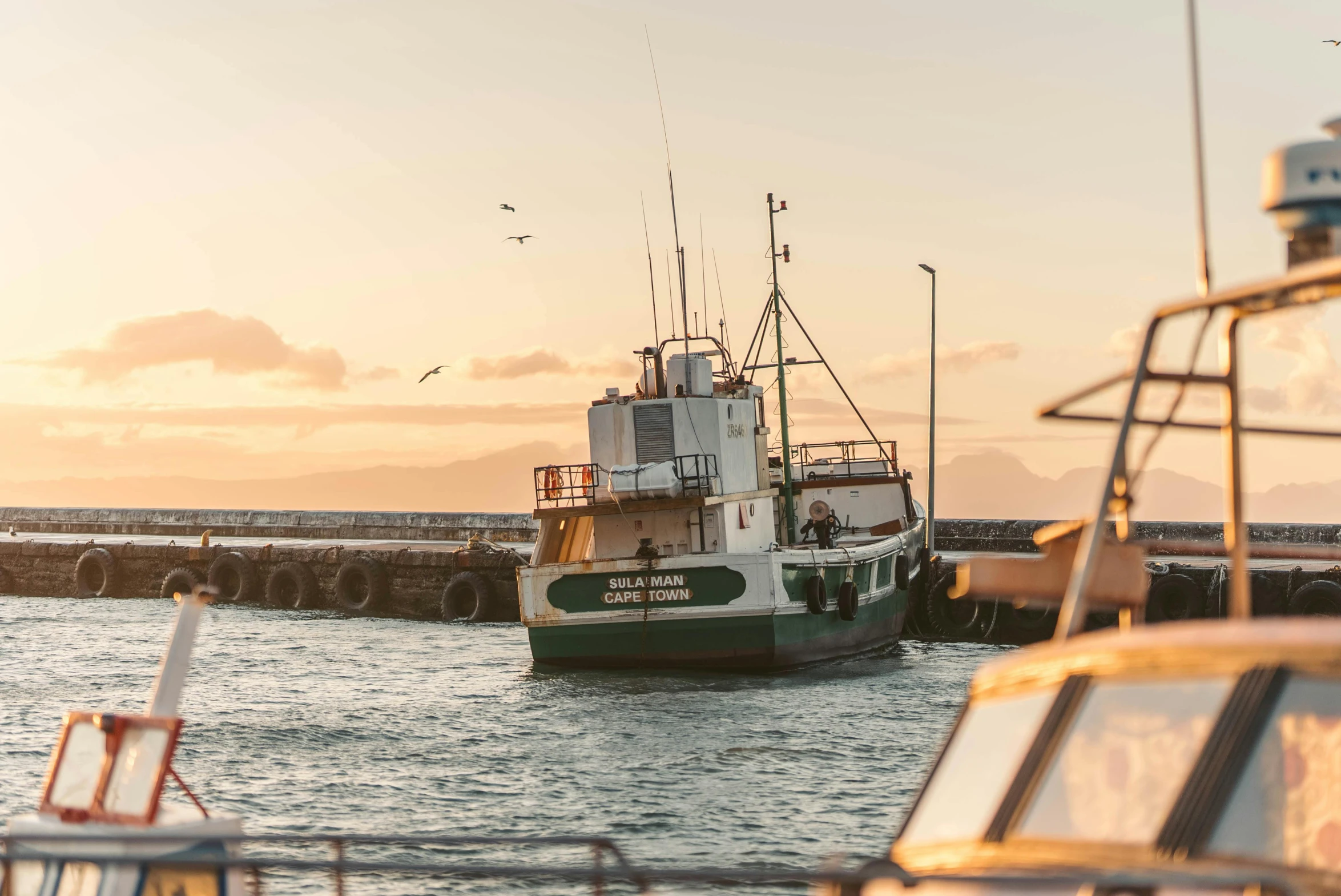 a couple of boats that are in the water, by Peter Churcher, pexels contest winner, fish in the background, warm light, lachlan bailey, fish seafood markets