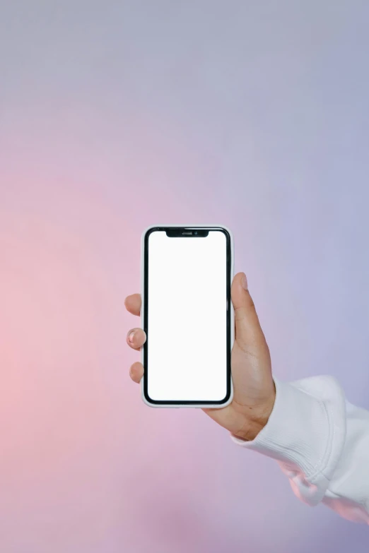 a close up of a person holding a cell phone, a picture, by Carey Morris, trending on pexels, color field, blank background, white pearlescent, 8 k resolution : 0. 8, pastel colored