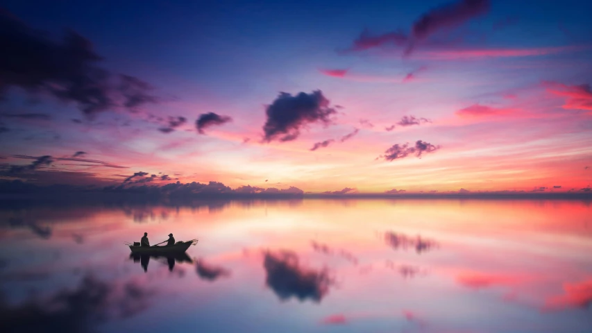 a boat floating on top of a body of water, pexels contest winner, romanticism, colorful sky, fishing, pink and blue, serene scene