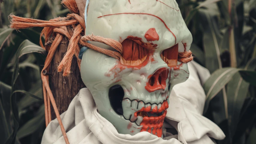a close up of a person wearing a zombie mask, a surrealist sculpture, pexels contest winner, vanitas, nychos, white and orange breastplate, avatar image, green head