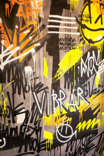 a bathroom with graffiti on the walls and a toilet, by Jorge Velarde, abstract album cover, black and yellow, vmk myvmk, vibrating