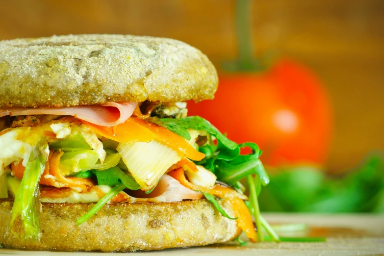 a sandwich sitting on top of a wooden table, by Jan Rustem, pexels contest winner, renaissance, vivid colours, 15081959 21121991 01012000 4k, crispy buns, greens)