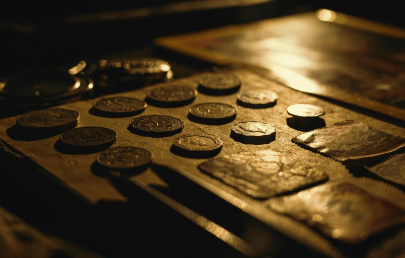 a bunch of coins sitting on top of a table, an album cover, unsplash, in a medieval tavern at night, golden hour photo, cash register, 1792