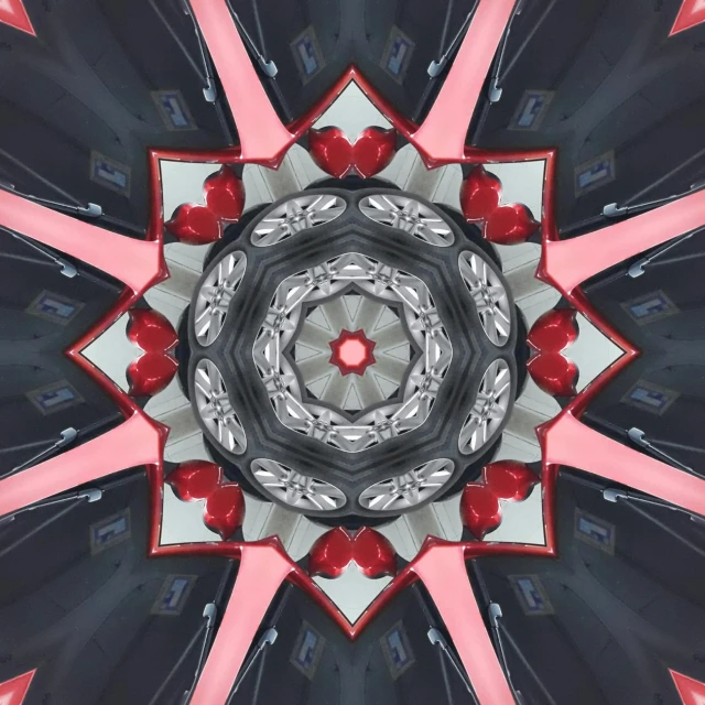 a close up of a red and black flower, a digital rendering, by Lisa Milroy, pexels contest winner, abstract illusionism, seven pointed pink star, black and white with red hearts, abstract mirrors, crimson and grey color scheme