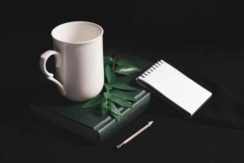 a white coffee cup sitting on top of a book, black and green scheme, notebook, handwritten, leaves and simple cloth