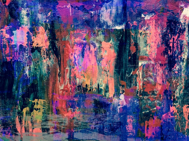 an abstract painting of a city at night, an abstract painting, inspired by Richter, pexels contest winner, abstract expressionism, dayglo pink blue, layered impasto, mysterious jungle painting, pink and purple