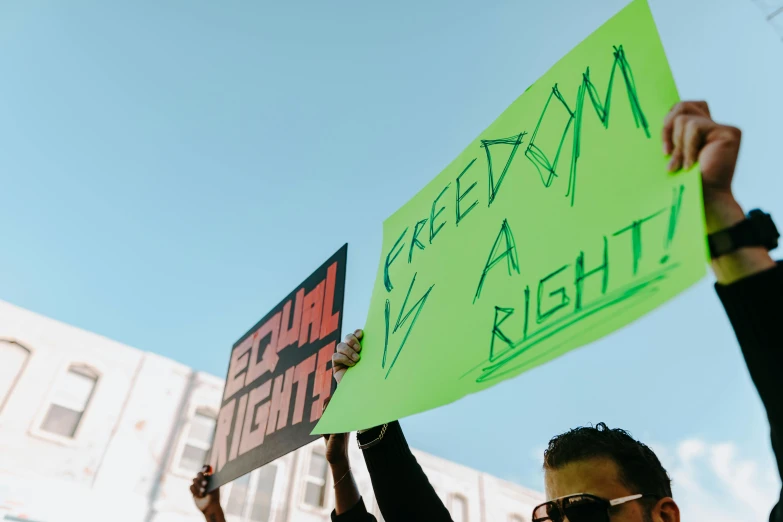 a group of people holding up signs in the air, trending on pexels, sots art, gay rights, background image, green light, a person standing in front of a