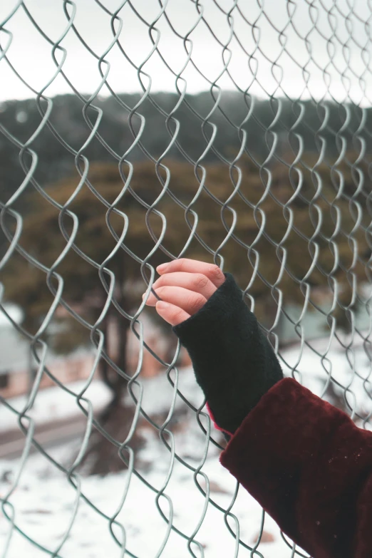 a person standing in front of a chain link fence, inspired by Elsa Bleda, trending on pexels, holding hand, schools, chilly, overlooking