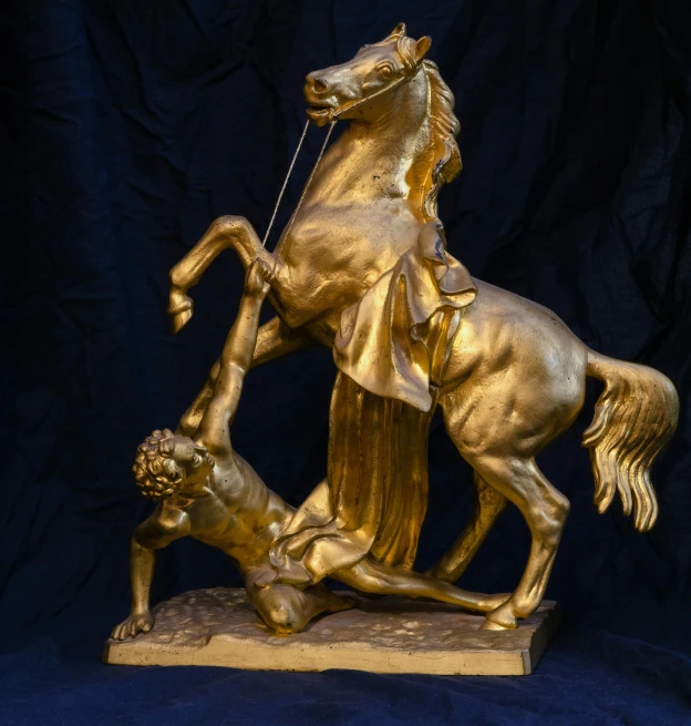 a statue of a man riding on the back of a horse, a bronze sculpture, pexels contest winner, art nouveau, realistic gold, orazio gentileschi style, 1920', bespoke