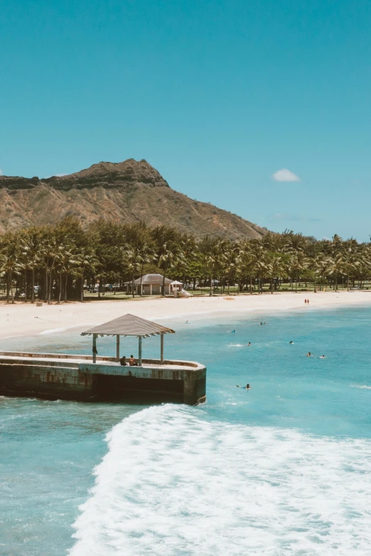 a large body of water next to a beach, a photo, trending on unsplash, hurufiyya, posing in waikiki, square, beach bar, “wide shot