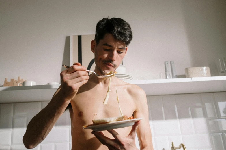 a shirtless man eating spaghetti from a plate, by Adam Marczyński, pexels contest winner, soup, thin moustache, morning light, gif