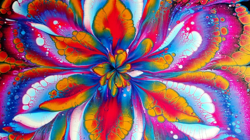 a close up of a painting of a flower, an airbrush painting, by Leticia Gillett, psychedelic art, acrylic pour and splashing paint, vibrant bright colours, highly detailed and hypnotic, whimsical