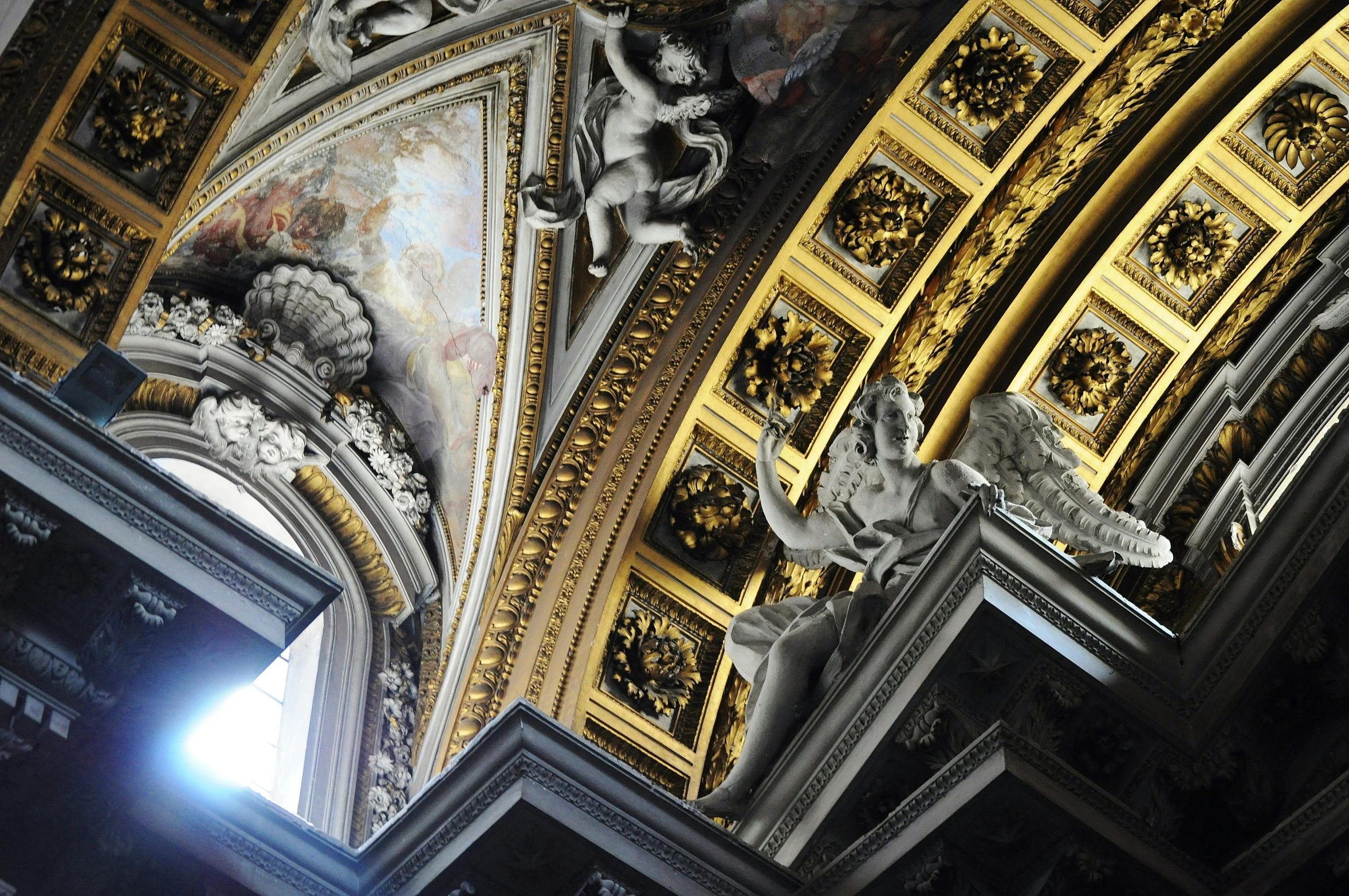 a close up of a ceiling in a building, by Cagnaccio di San Pietro, draped in shiny gold and silver, artwork”, slanted ceiling, thumbnail