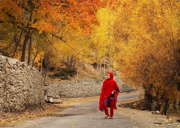 a woman in a red shawl walking down a road, pexels contest winner, colorful trees, afghan girl, 🕹️ 😎 🔫 🤖 🚬, in a village