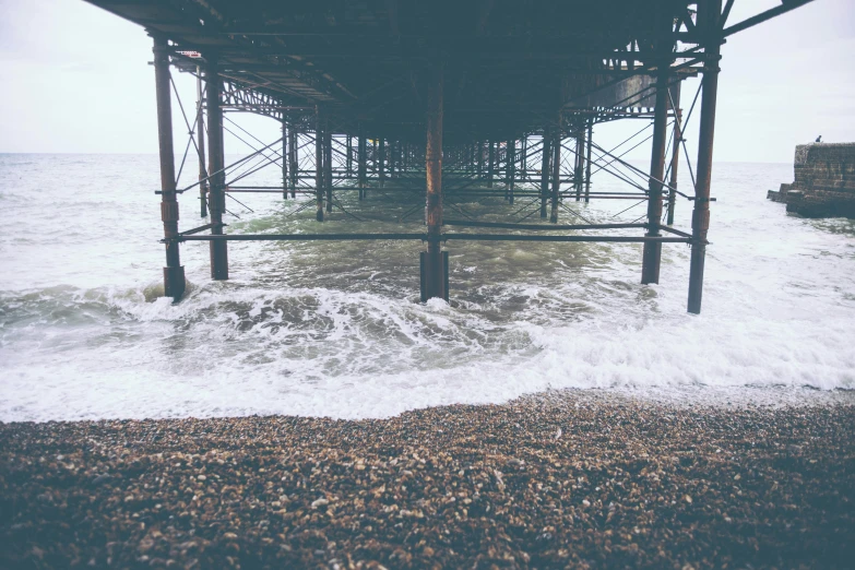 the underside of a pier on a cloudy day, an album cover, unsplash, 2 5 6 x 2 5 6 pixels, washed out, alex heywood, water on the floor