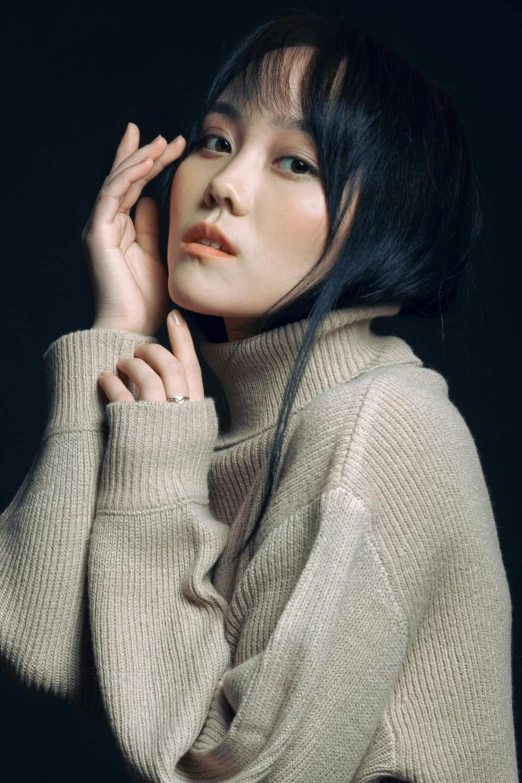 a woman in a turtle neck sweater posing for a picture, an album cover, by Sengai, unsplash, photorealism, sui ishida with black hair, 奈良美智, neutral pose, dark. no text