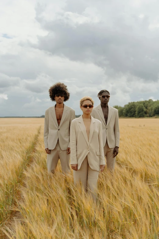 a group of people standing in a wheat field, by Nina Hamnett, trending on pexels, renaissance, three piece suit, off - white collection, skin tones, lookbook