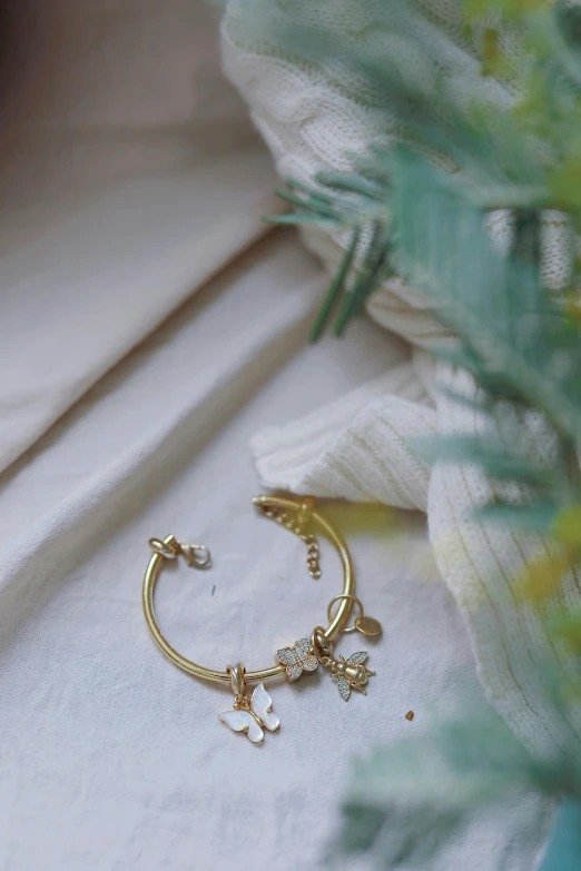 a pair of earrings sitting on top of a table, gold bracelet, lush plant and magical details, closeup - view, a quaint