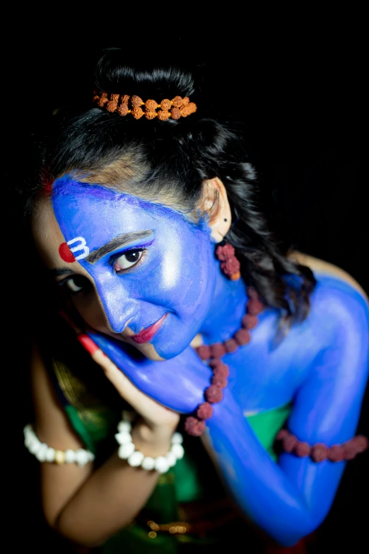 a woman with blue paint on her face, by Jitish Kallat, flickr, god shiva the destroyer, 2 5 6 x 2 5 6 pixels, dressed in blue, avatar image