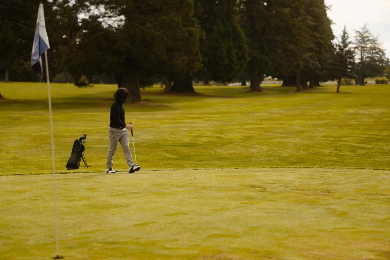 a person on a golf course with a bag, colour corrected, manuka, canines sports photo, thumbnail